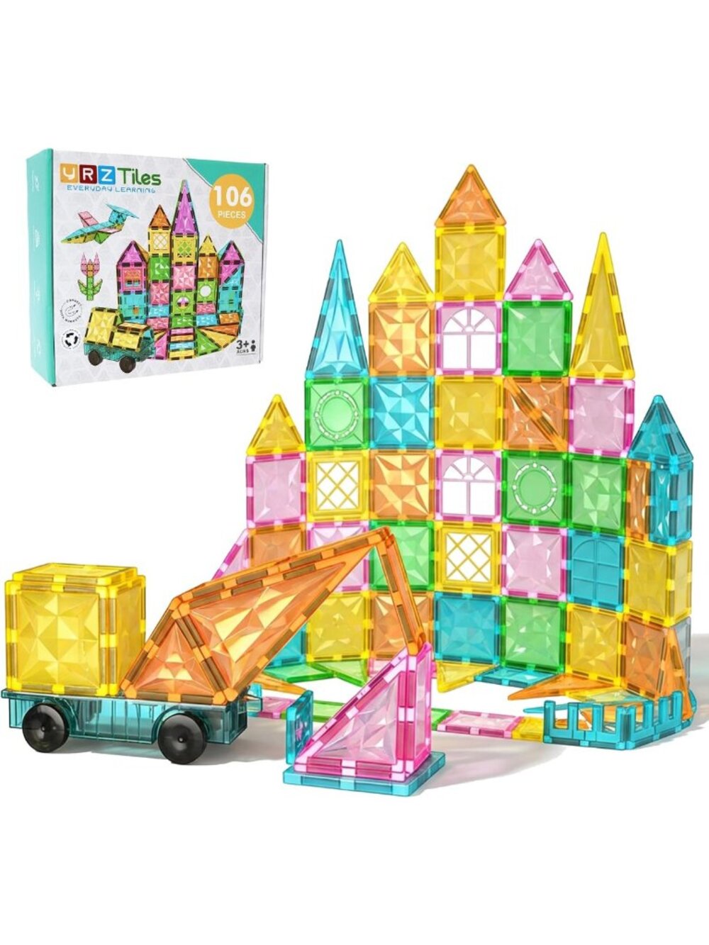 Magnetic Building Tiles for Kids - 106-Piece STEM Car Playset, Creative Fun